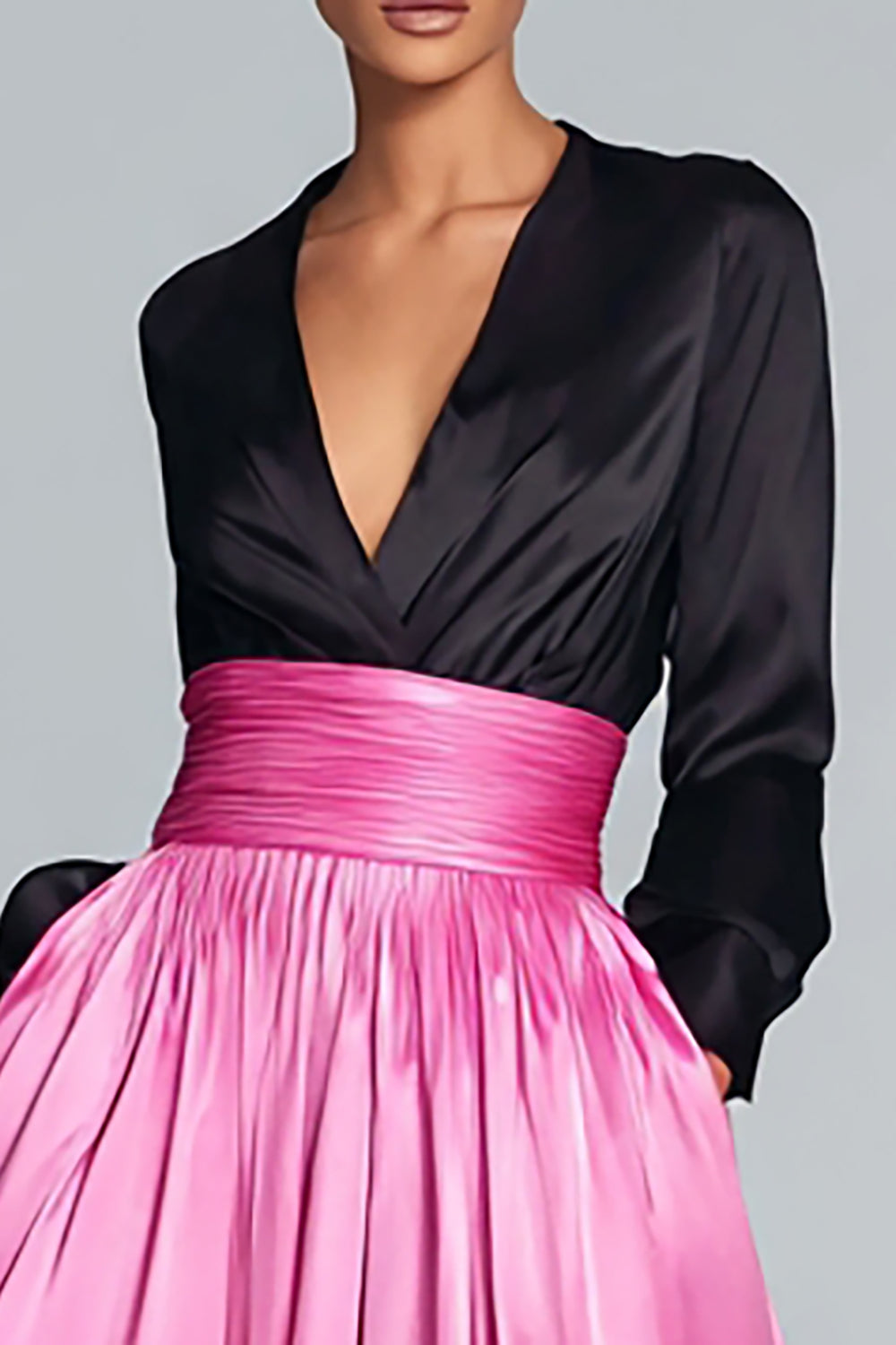 Black and Fuchsia V-Neck A-Line Long Satin Evening Dress with Sleeves