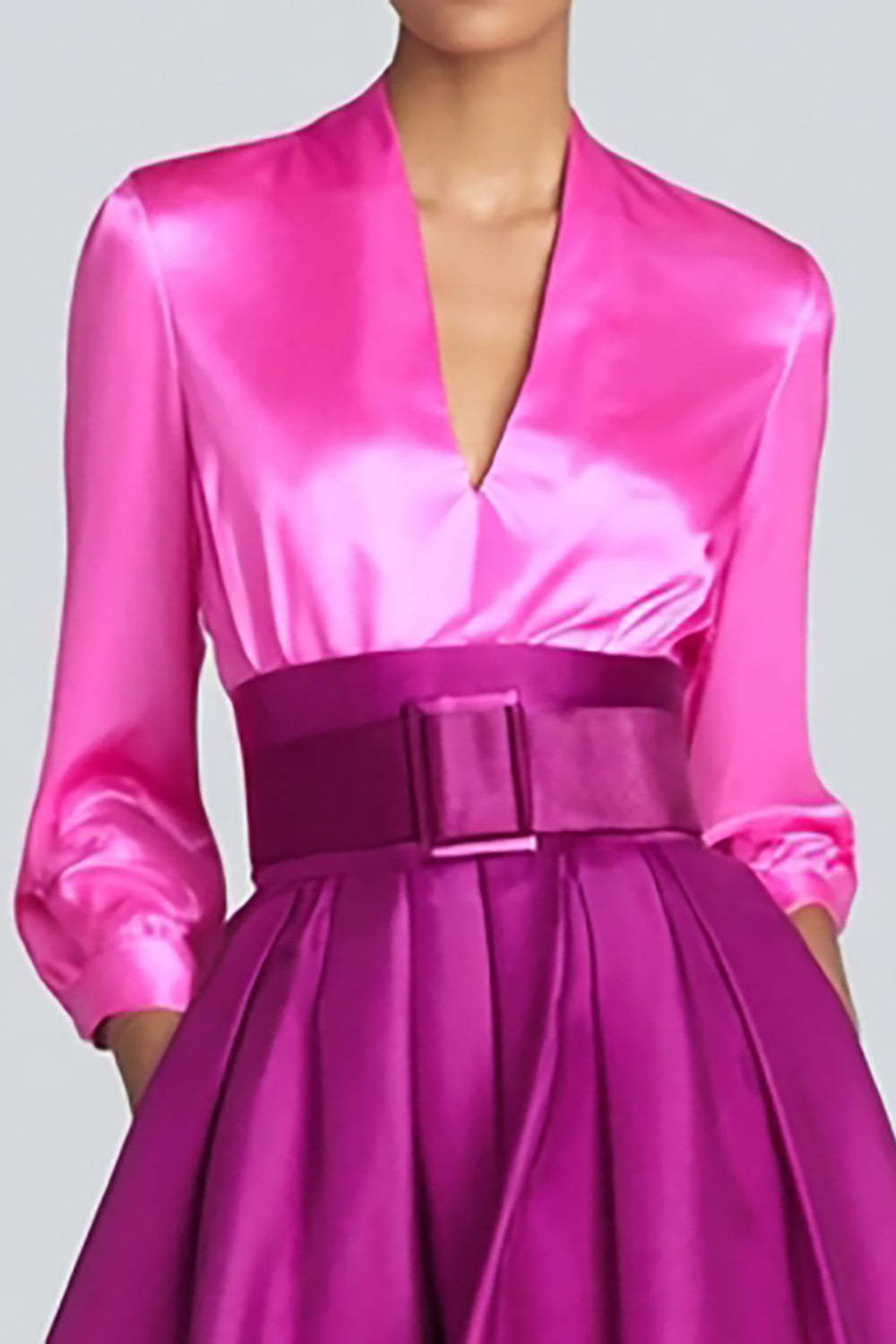 Fuchsia and Magenta Satin V-Neck A-Line Maxi Evening Dress with Sleeves