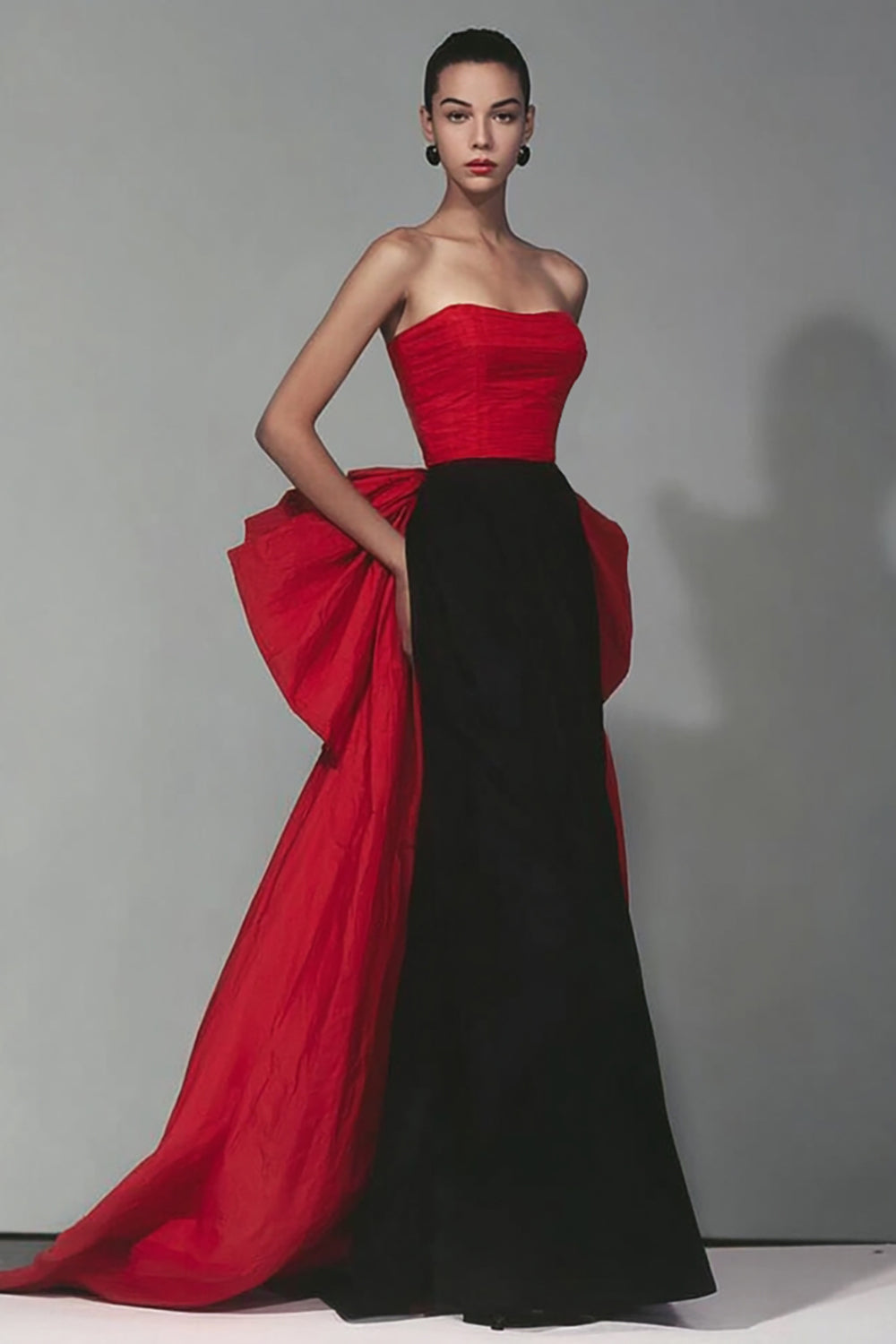 Leely Women Black and Red Long Formal Dress with Bow Strapless Mermaid Evening Dress
