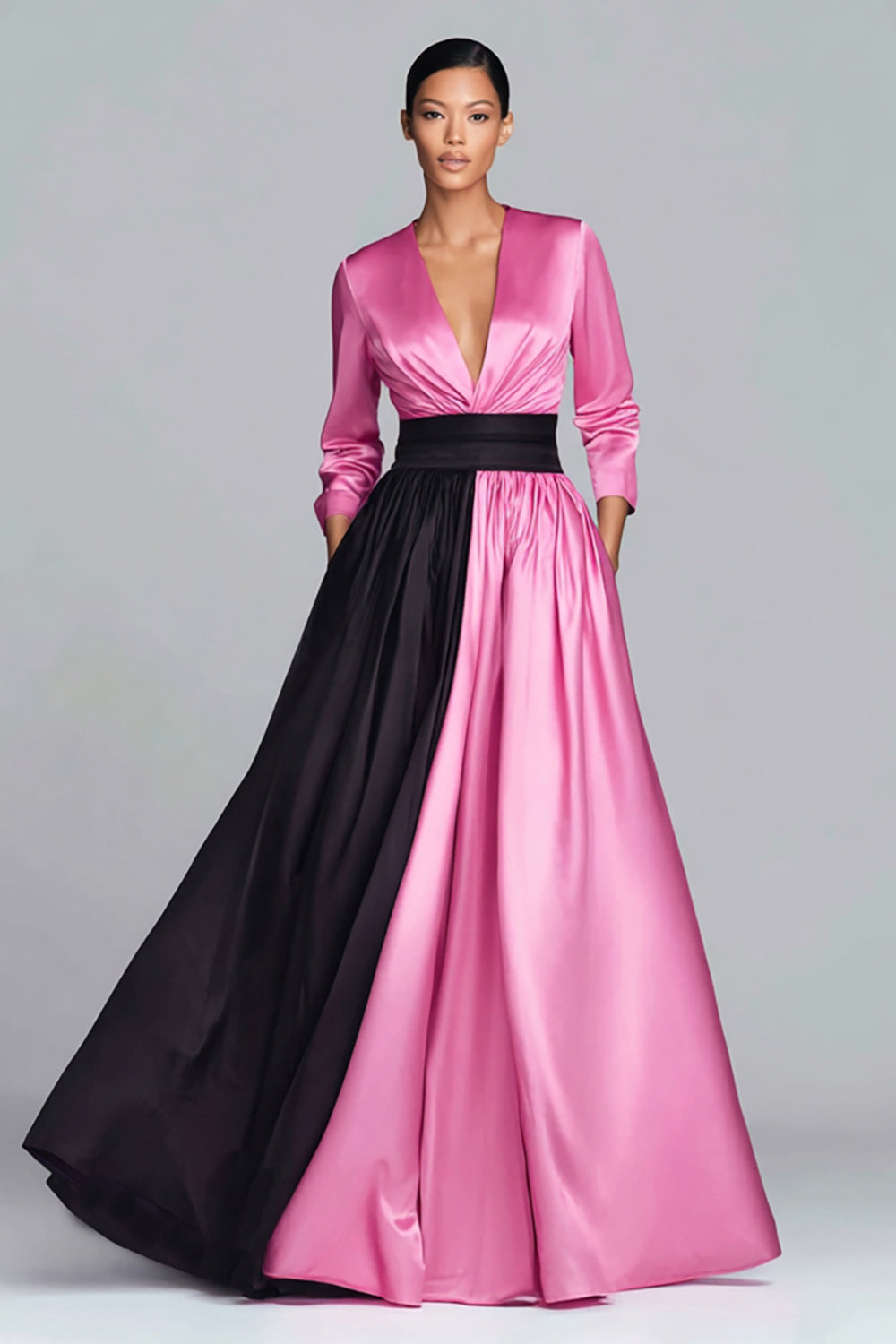 Leely Women Black and Fuchsia Satin Patchwork Maxi Evening Dress with Sleeves A-Line V-Neck Party Dress