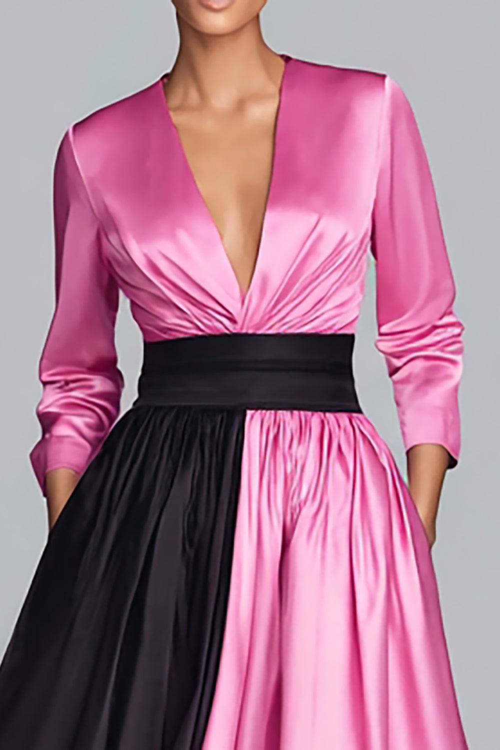 Black and Fuchsia A-Line V-Neck Satin Maxi Evening Dress with Sleeves