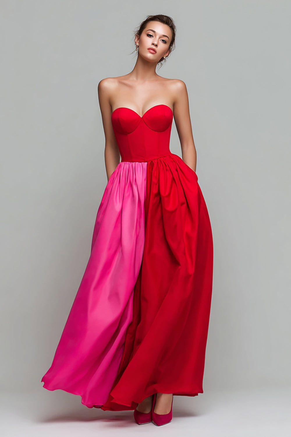 Leely Women Red and Fuchsia Strapless Long Formal Dress A Line Patchwork Party Dress