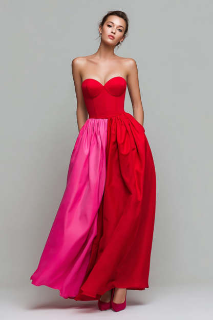 Leely Women Red and Fuchsia Strapless Long Formal Dress A Line Patchwork Party Dress