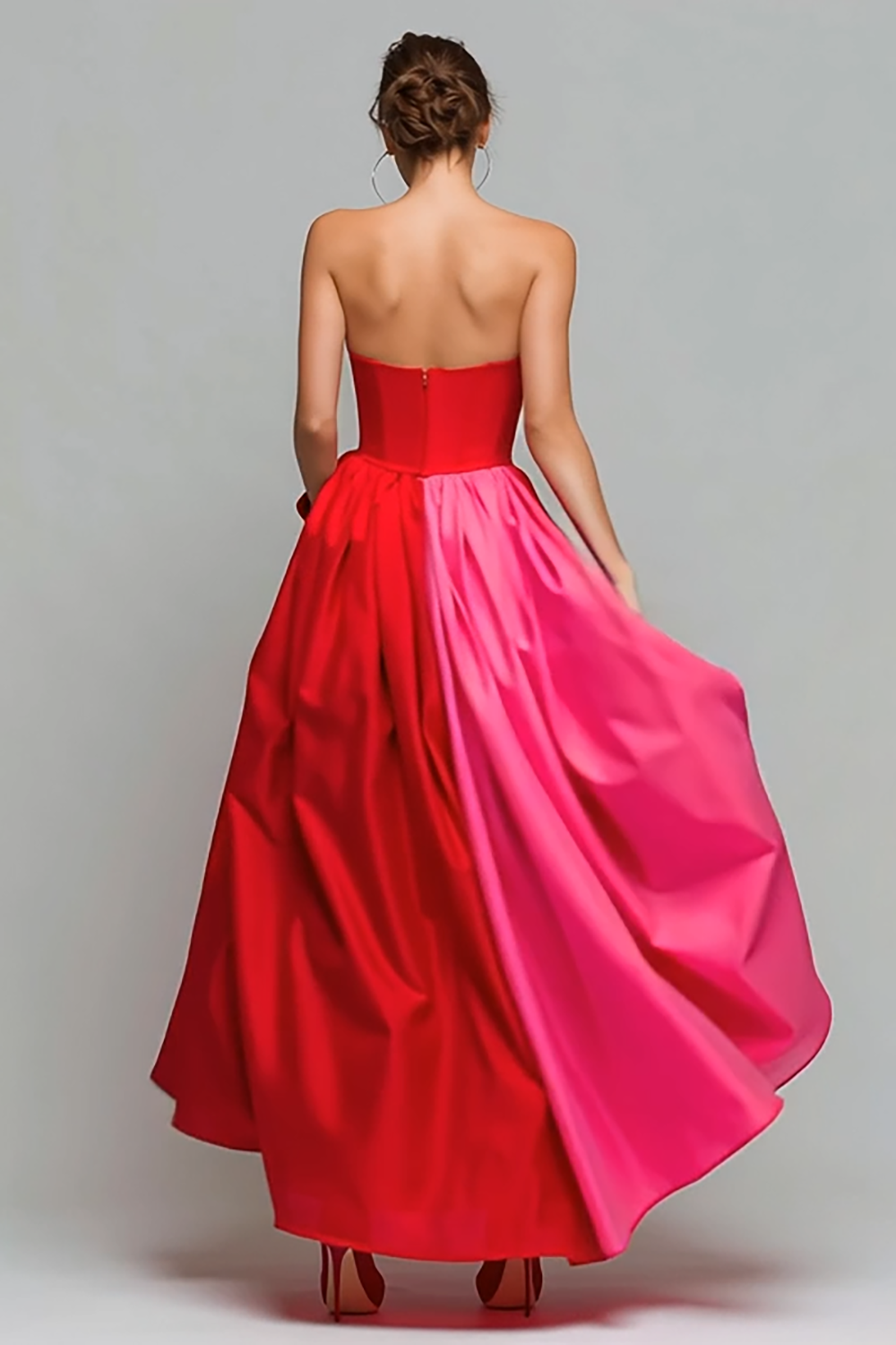 Red and Fuchsia Long Strapless A Line Patchwork Formal Dress