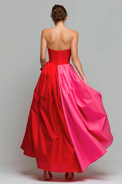 Red and Fuchsia Long Strapless A Line Patchwork Formal Dress