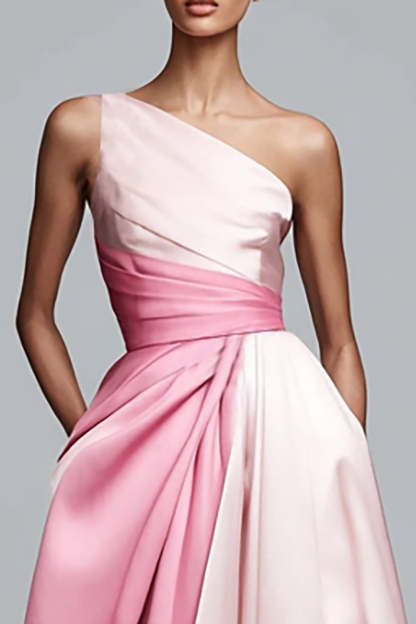 Pink Satin One Shoulder A Line Maxi Formal Dress