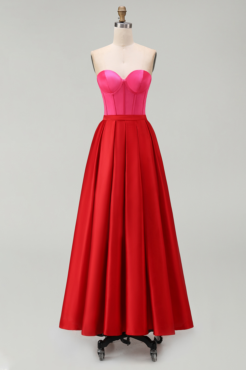Red and Fuchsia Satin A Line Strapless Maxi Formal Dress