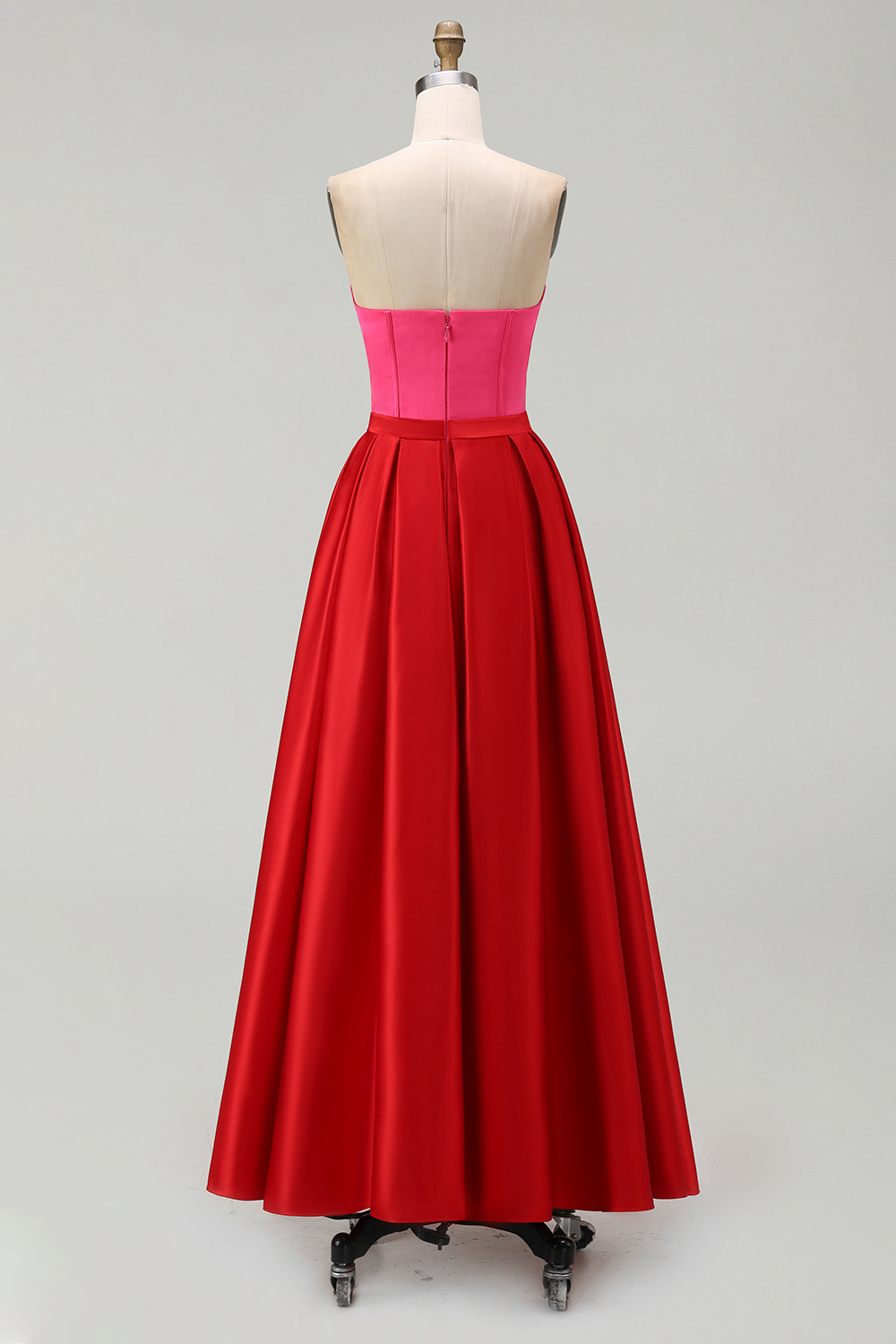 Red and Fuchsia Satin A Line Strapless Maxi Formal Dress