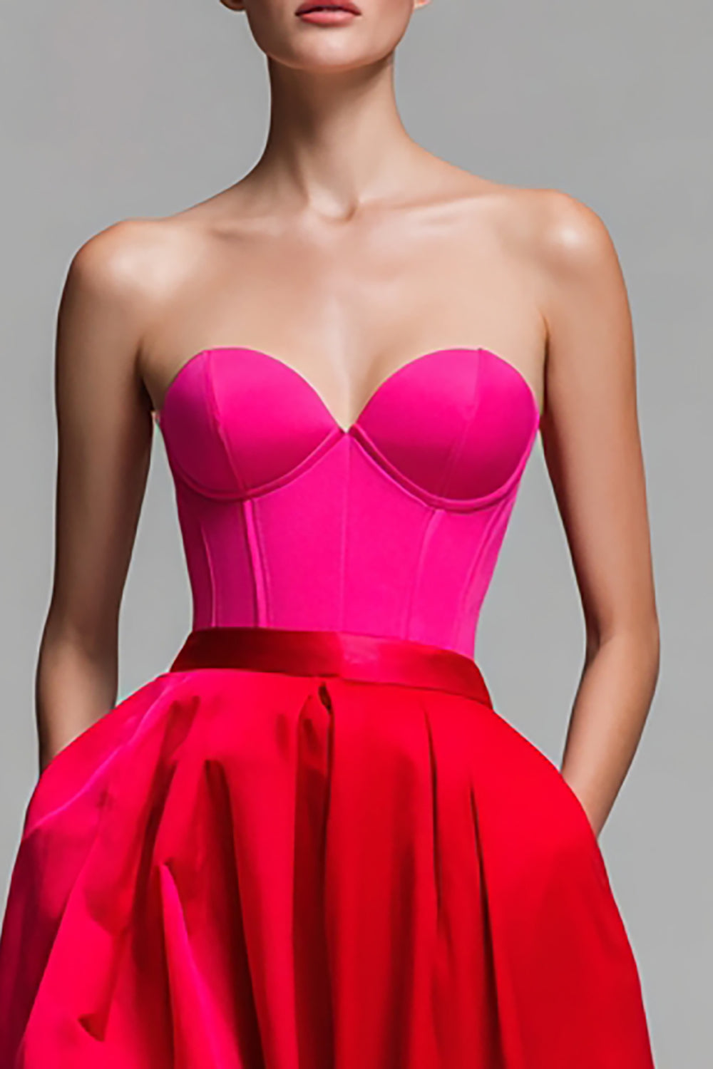 Red and Fuchsia Satin A Line Strapless Maxi Formal Dress