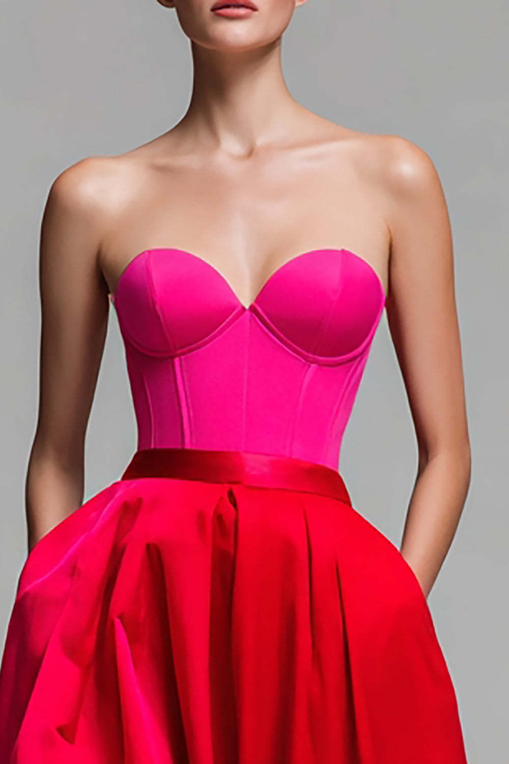 Red and Fuchsia Satin A Line Strapless Maxi Formal Dress