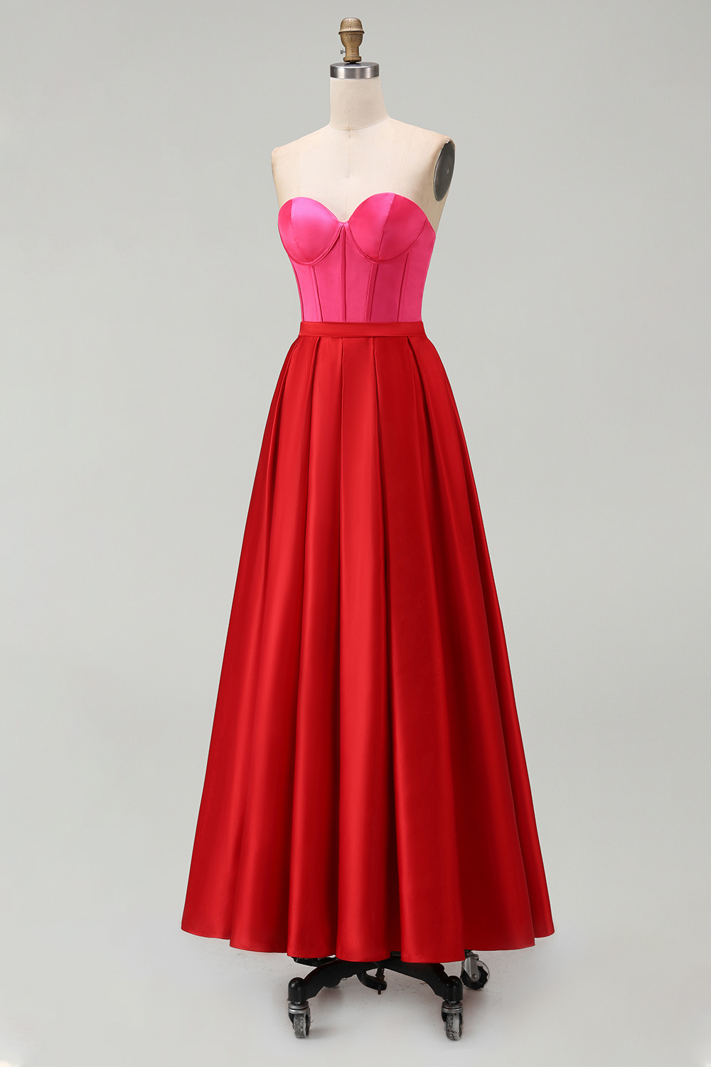 Red and Fuchsia Satin A Line Strapless Maxi Formal Dress