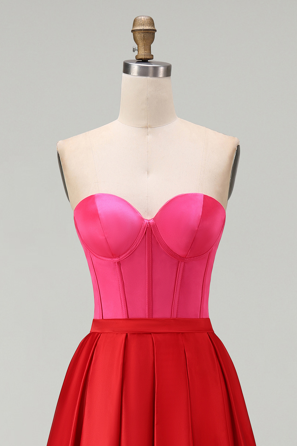 Red and Fuchsia Satin A Line Strapless Maxi Formal Dress