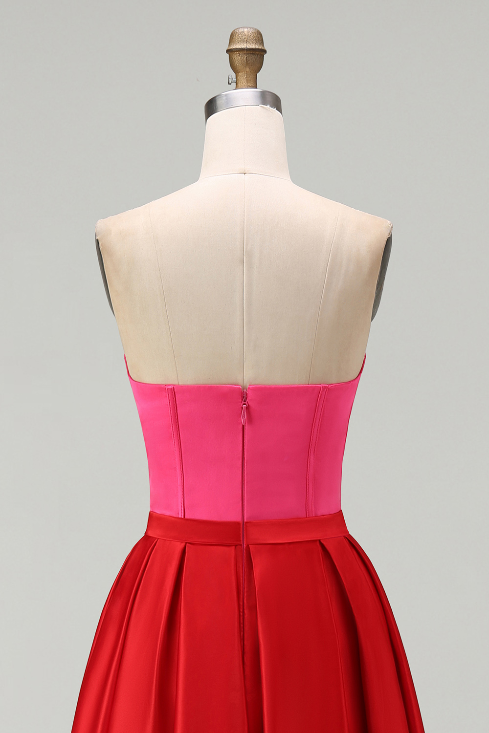 Red and Fuchsia Satin A Line Strapless Maxi Formal Dress