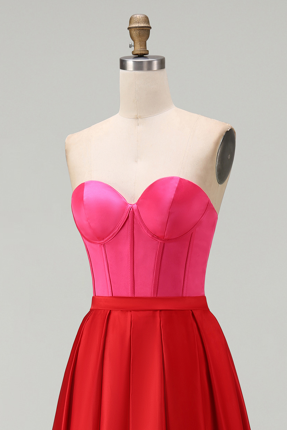 Red and Fuchsia Satin A Line Strapless Maxi Formal Dress