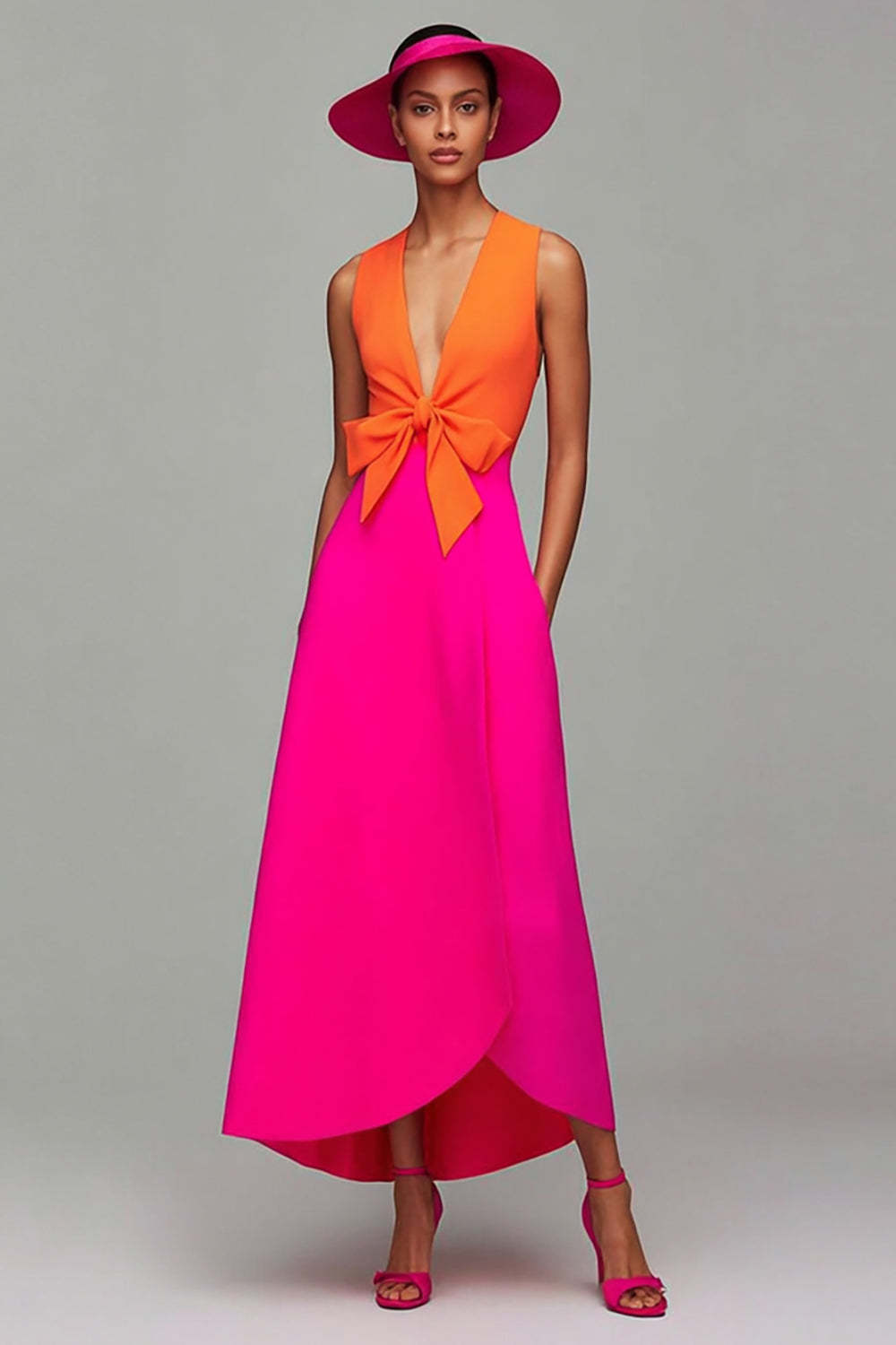Leely Women Orange and Fuchsia Maxi Formal Dress with Bow Sheath Deep V-Neck Party Dress