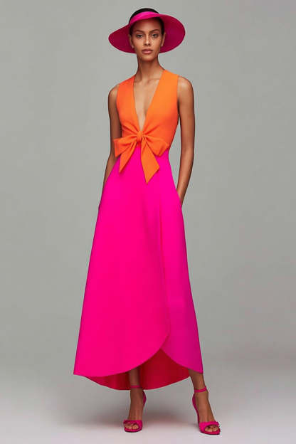 Leely Women Orange and Fuchsia Maxi Formal Dress with Bow Sheath Deep V-Neck Party Dress