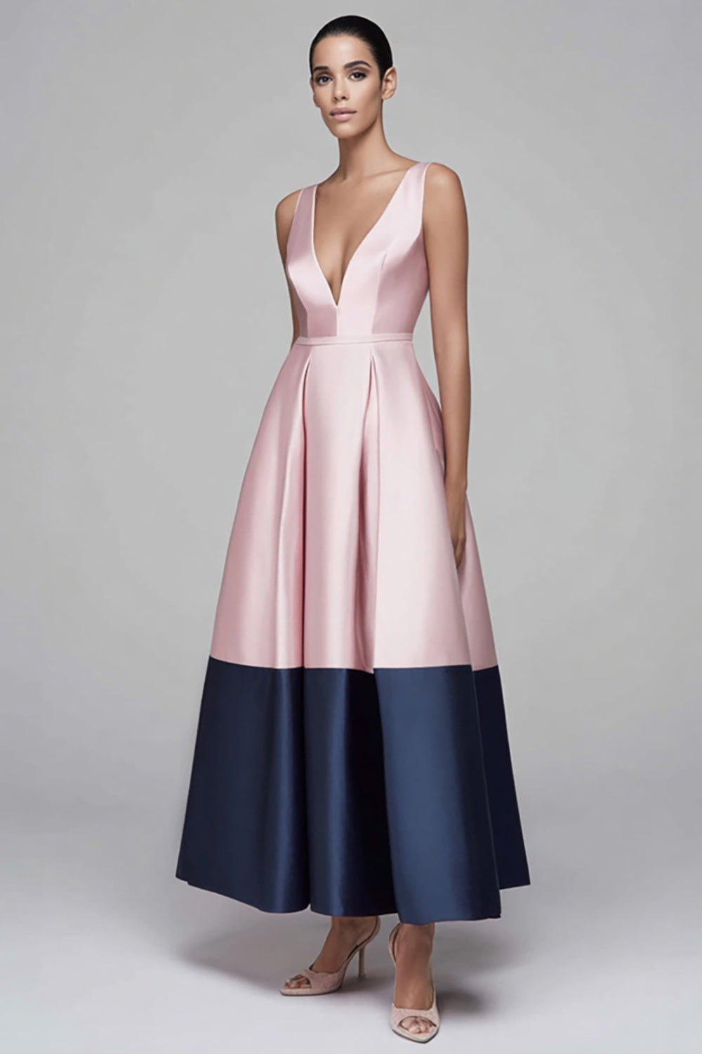 Leely Women Pink and Navy Long Satin Formal Dress A Line Patchwork Deep V-Neck Party Dress