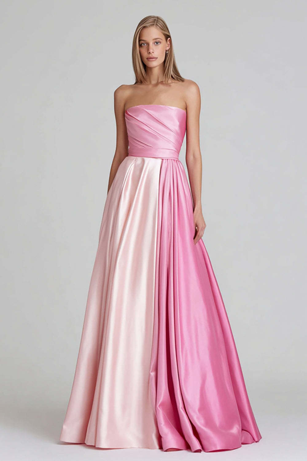Leely Women Simple Pink Long Satin Formal Dress Strapless A Line Patchwork Party Dress