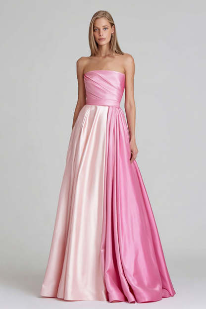 Leely Women Simple Pink Long Satin Formal Dress Strapless A Line Patchwork Party Dress