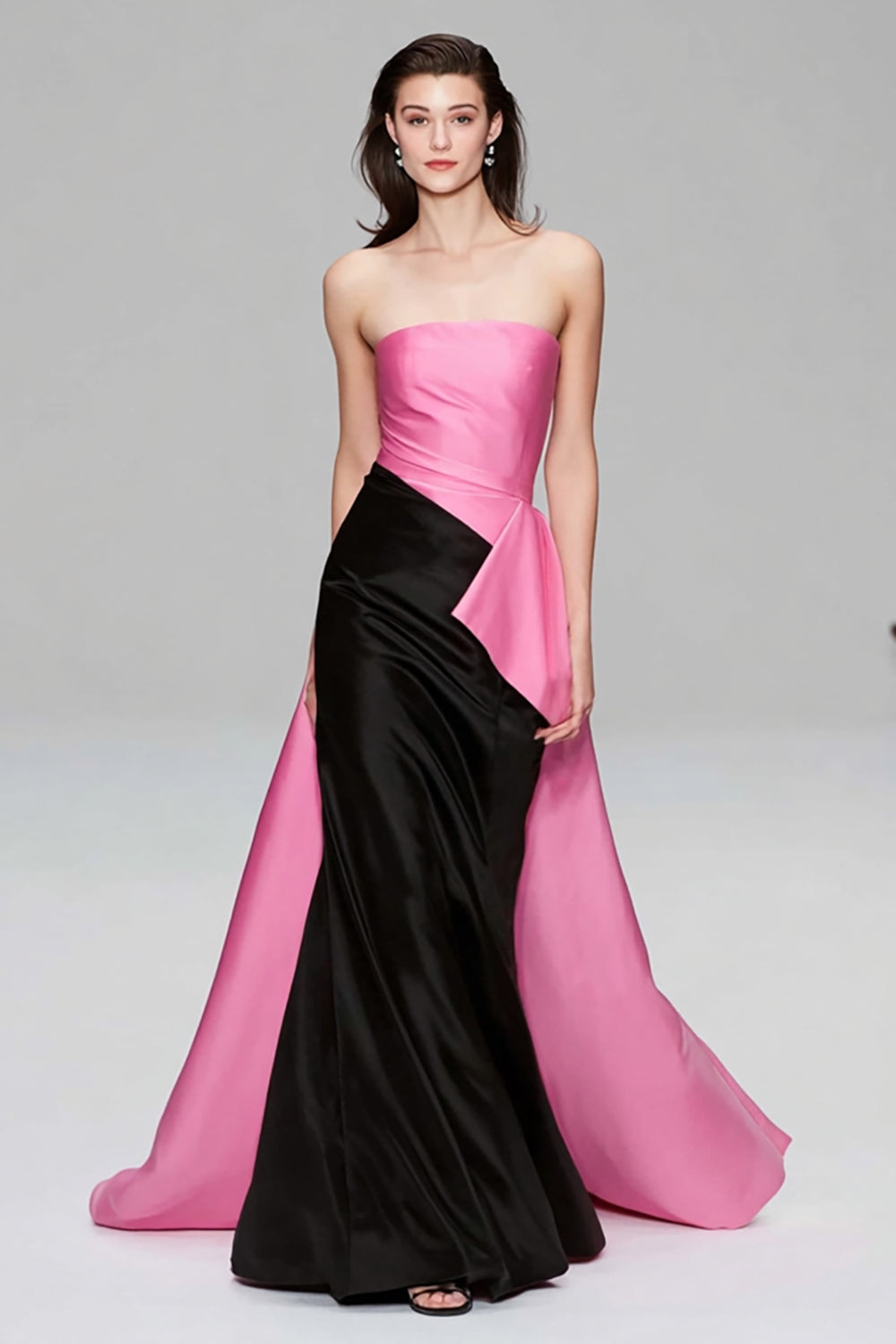 Black and Pink Mermaid Long Strapless Evening Dress with Cape