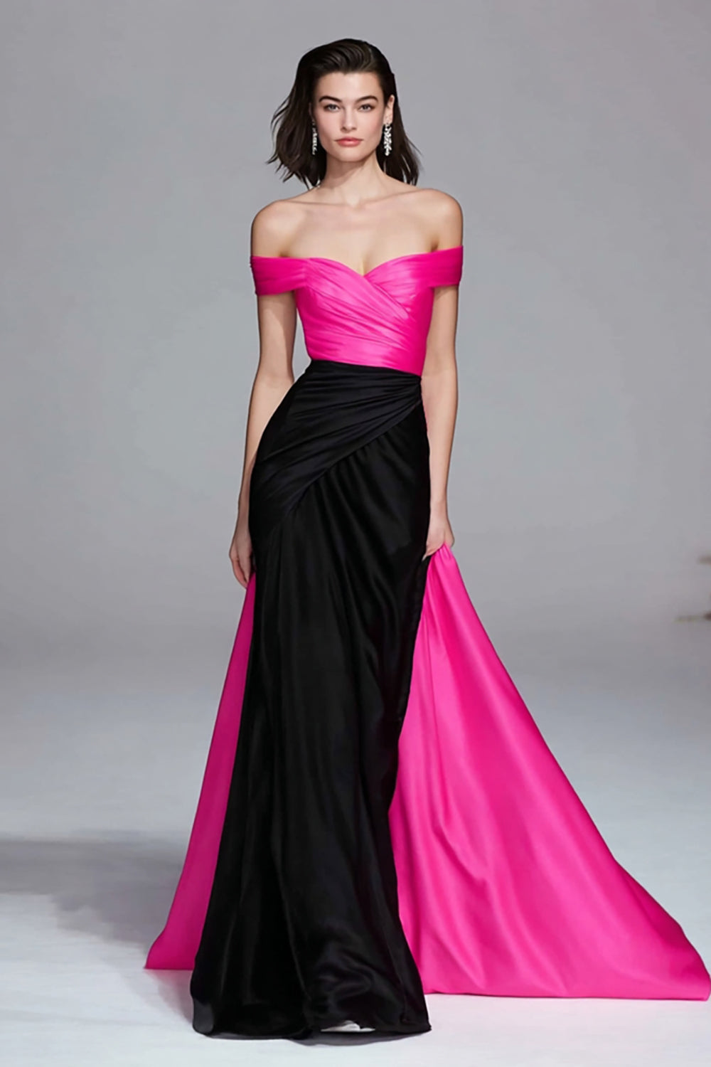 Black and Fuchsia Satin Off the Shoulder Maxi Gala Dress with Cape