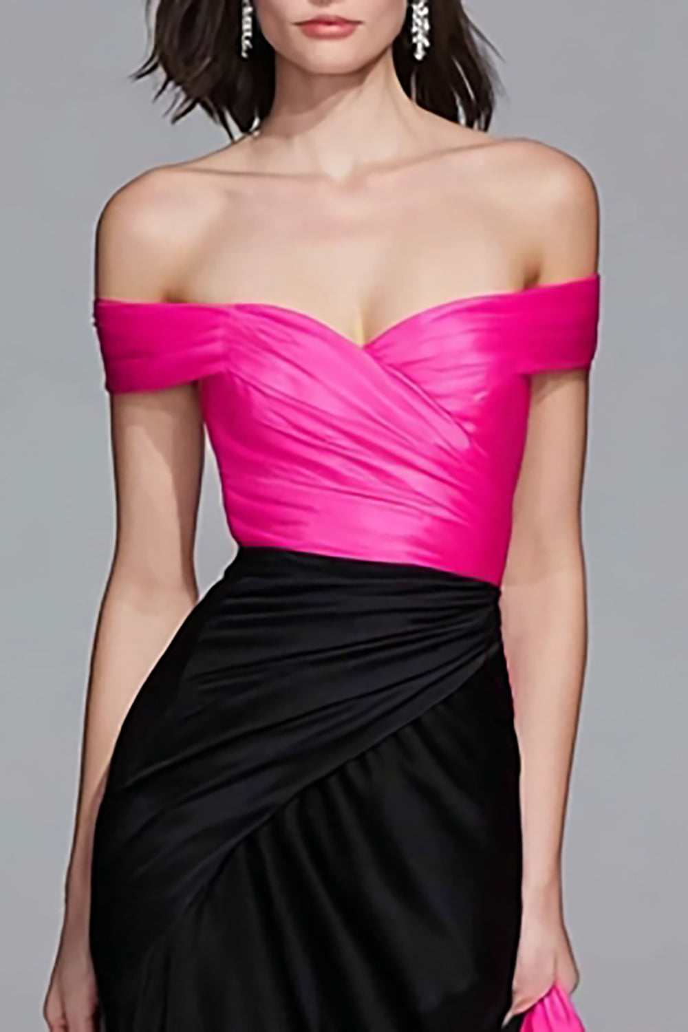 Black and Fuchsia Satin Off the Shoulder Maxi Gala Dress with Cape