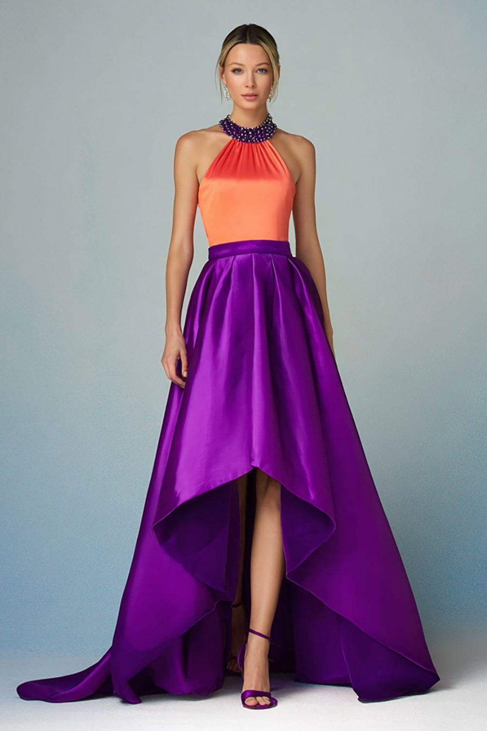 Leely Women Sparkly Orange and Purple High-Low Satin Evening Dress A Line Halter Party Dress
