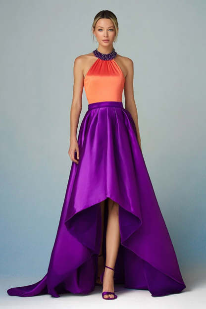 Leely Women Sparkly Orange and Purple High-Low Satin Evening Dress A Line Halter Party Dress