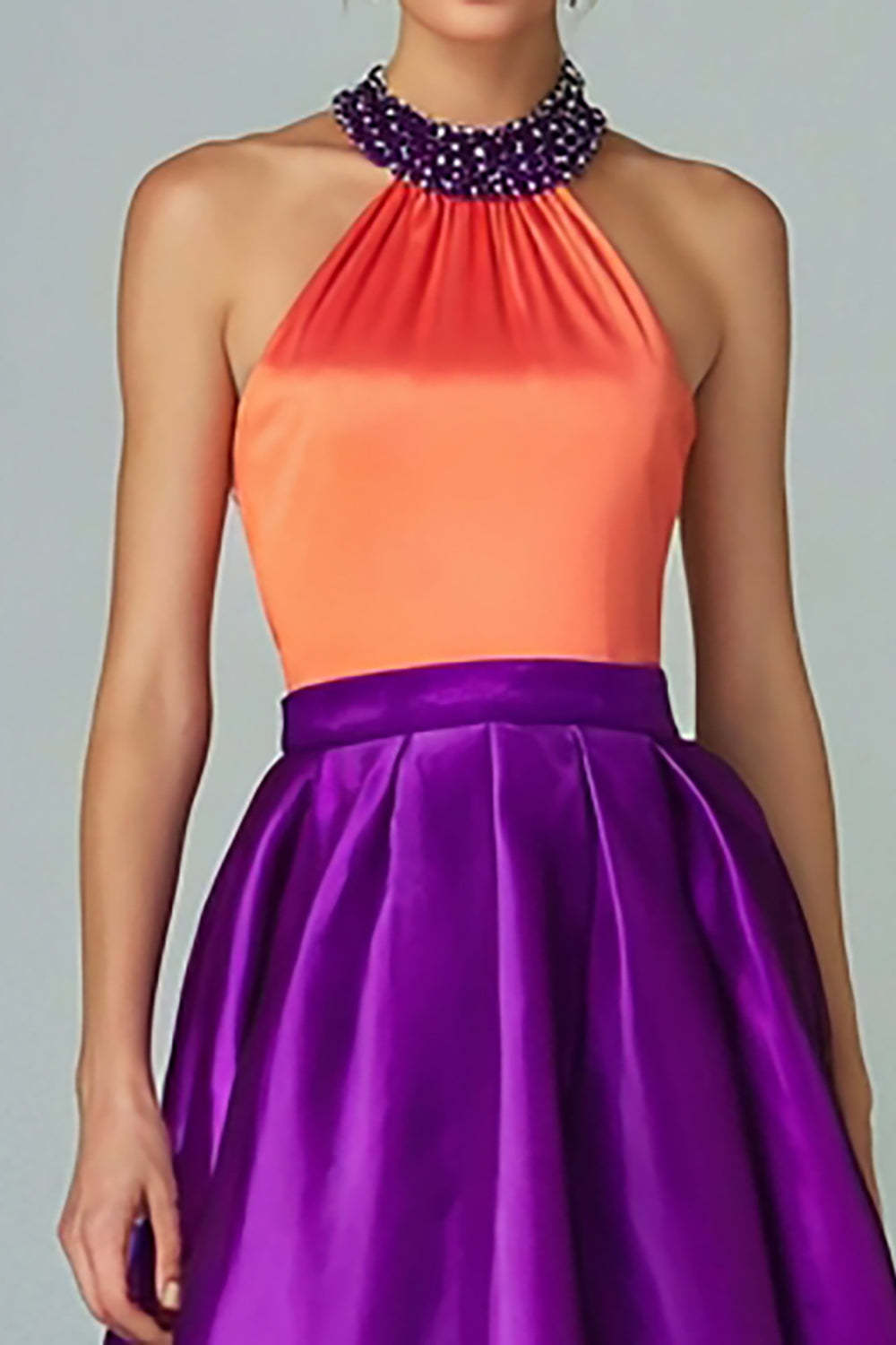 Sparkly Orange and Purple A Line High-Low Satin Evening Dress