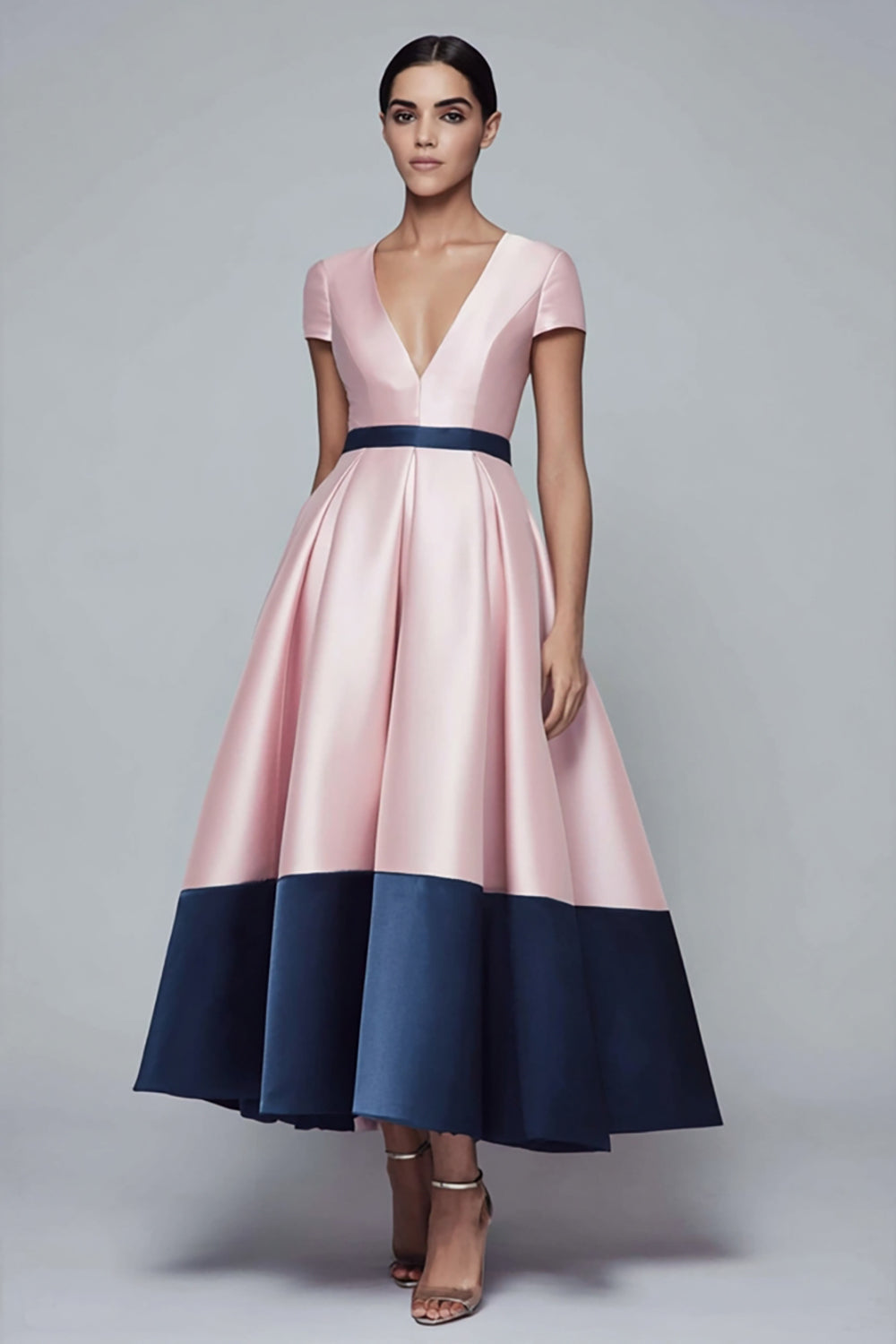Leely Women Pink and Navy Satin Maxi Formal Dress with Sleeves A Line V-Neck Patchwork Party Dress