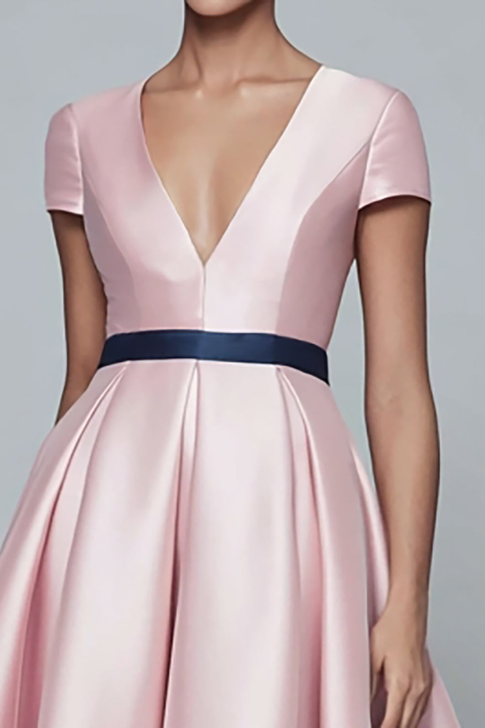 Pink and Navy Satin A Line V-Neck Long Formal Dress with Sleeves