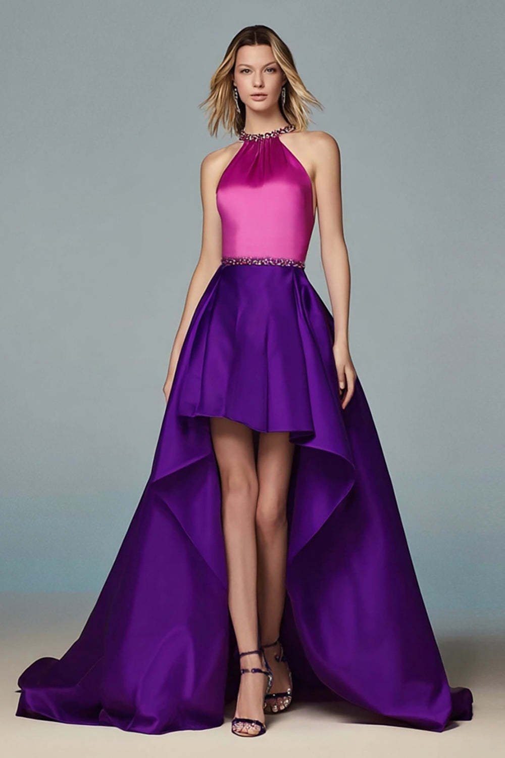 Leely Women Sparkly Fuchsia and Purple Satin High-Low Evening Dress A Line Halter Party Dress