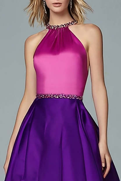 Sparkly Fuchsia and Purple A Line High-Low Satin Gala Dress