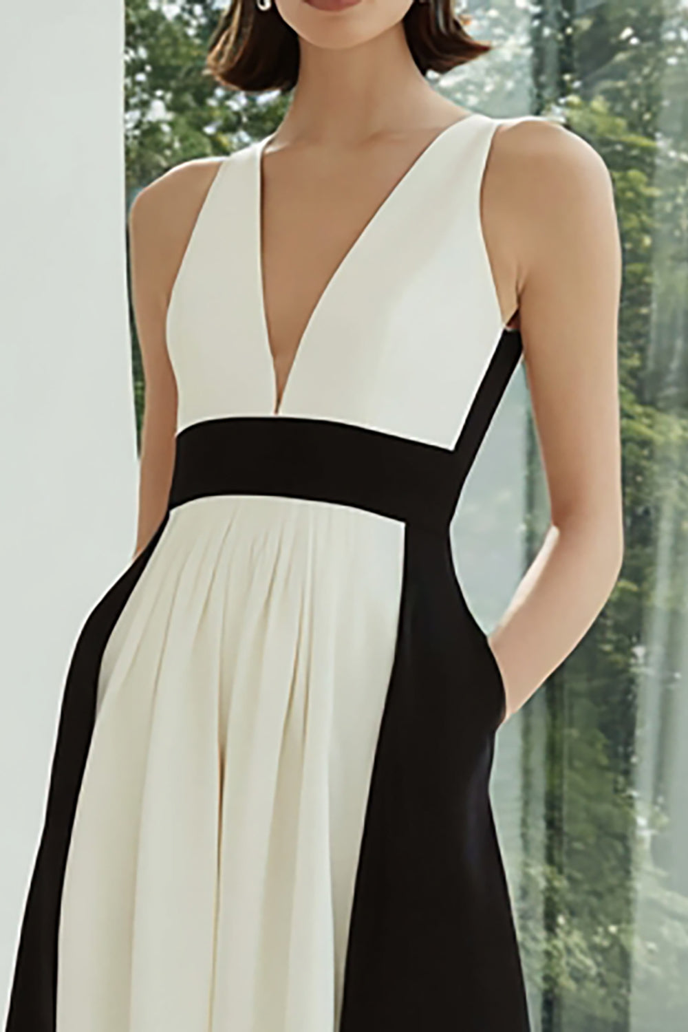 Black and White V-Neck Long Patchwork Formal Dress with Pockets