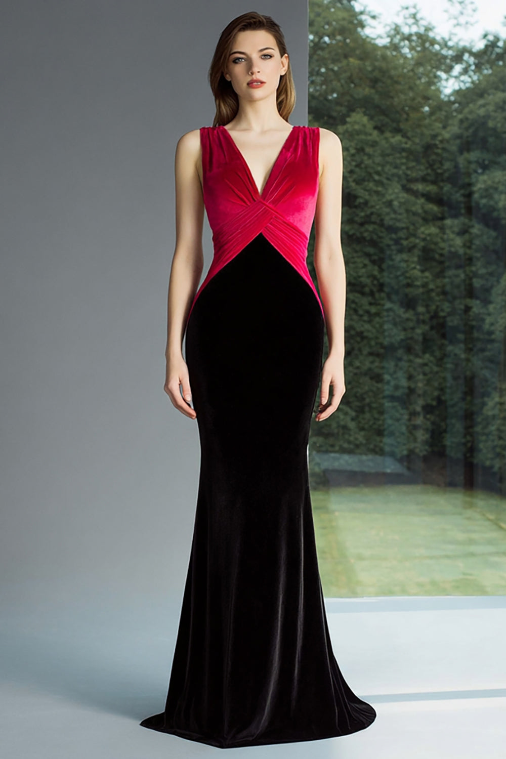 Leely Women Black and Fuchsia Velvet Maxi Formal Dress Mermaid V-Neck Evening Dress Leely Women Black and Fuchsia Velvet Maxi Formal Dress Mermaid V-Neck Evening Dress