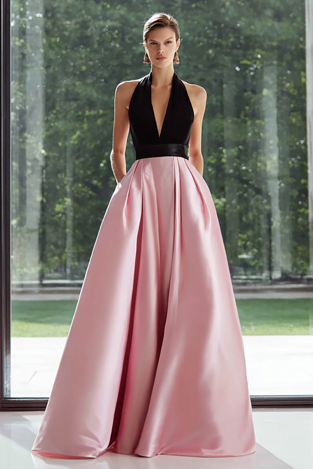 Leely Women Black and Pink Long Satin Formal Dress A Line Halter Evening Dress with Pockets