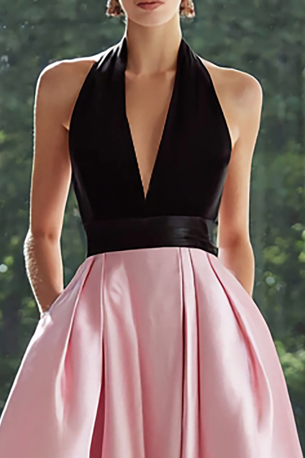 Black and Pink A Line Satin Long Formal Dress with Pockets