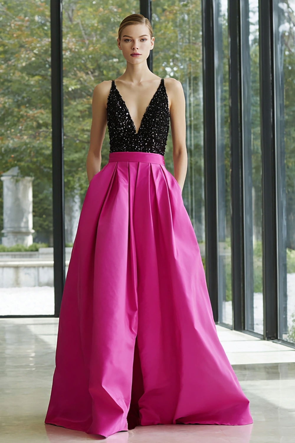 Leely Women Sparkly Black and Fuchsia Long Satin Formal Dress with Pockets A Line Deep V-Neck Gala Dress with Beading