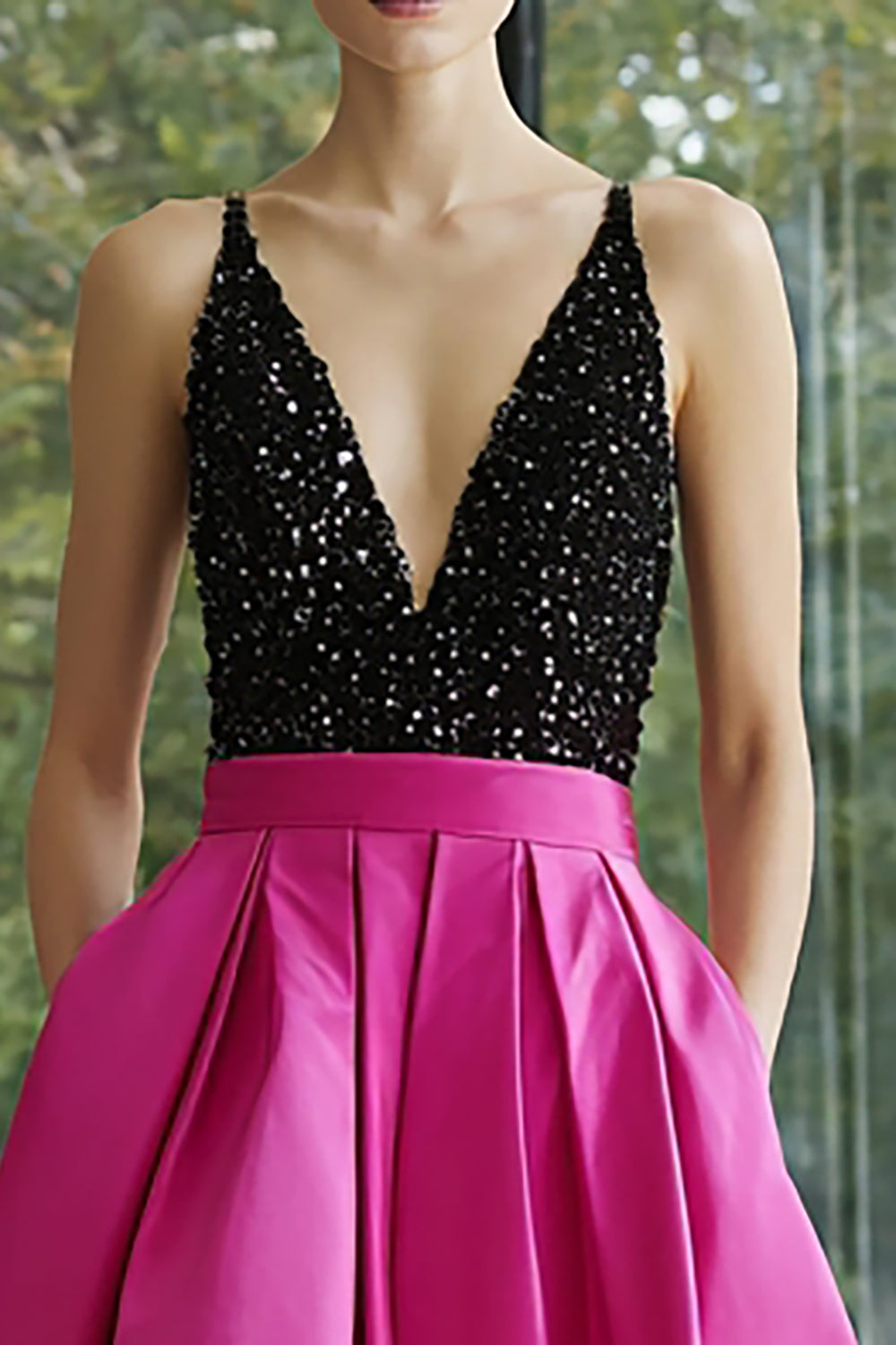 Sparkly Black and Fuchsia A Line Satin Long Formal Dress with Pockets
