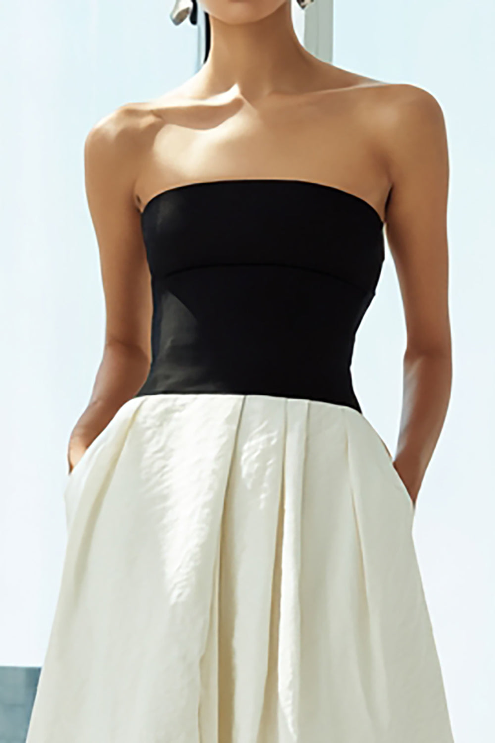 Simple Black and White Strapless A Line Long Formal Dress with Pockets