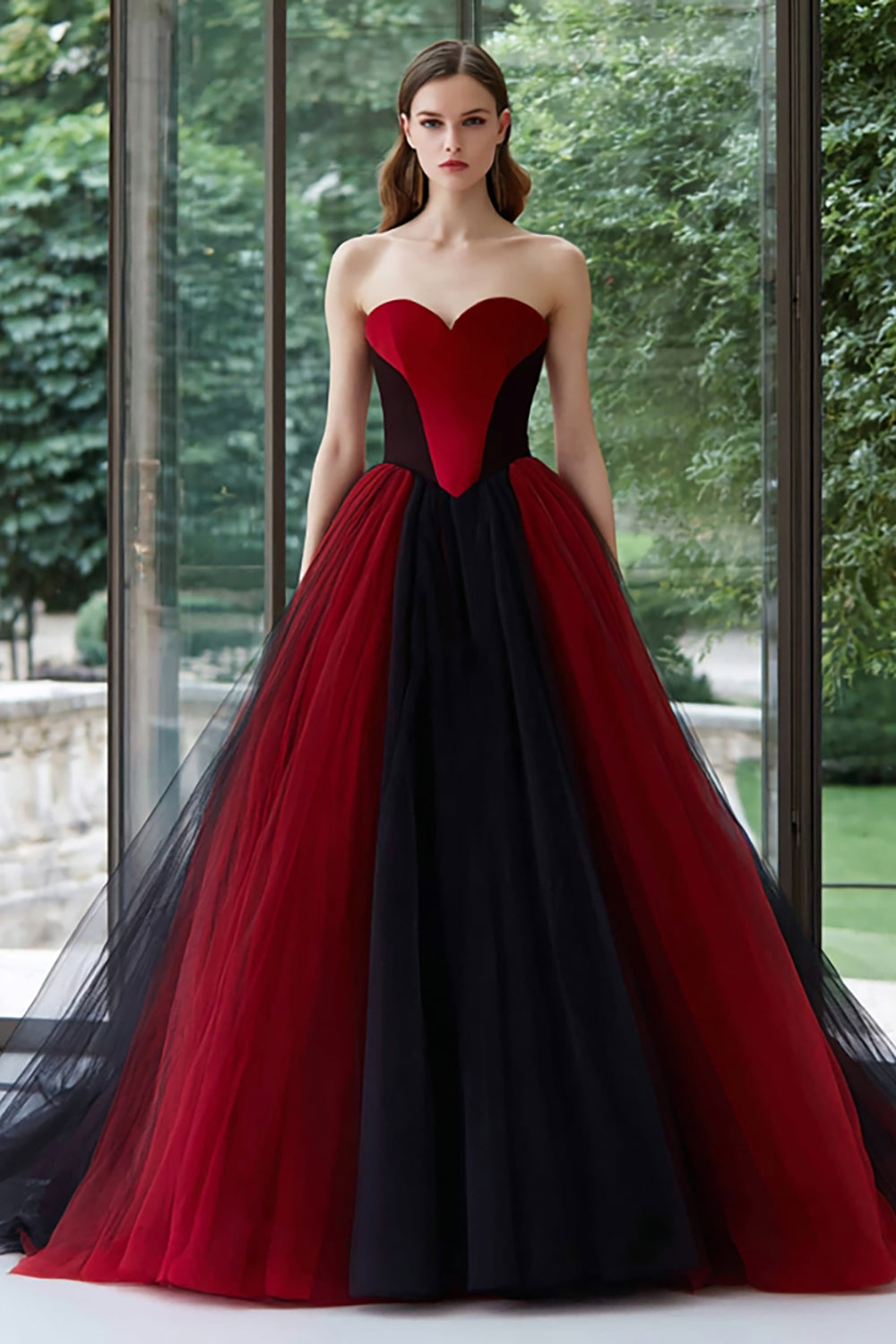 Leely Women Black and Red Long Tulle Formal Dress Ball Gown Sweetheart Military Ball Dress