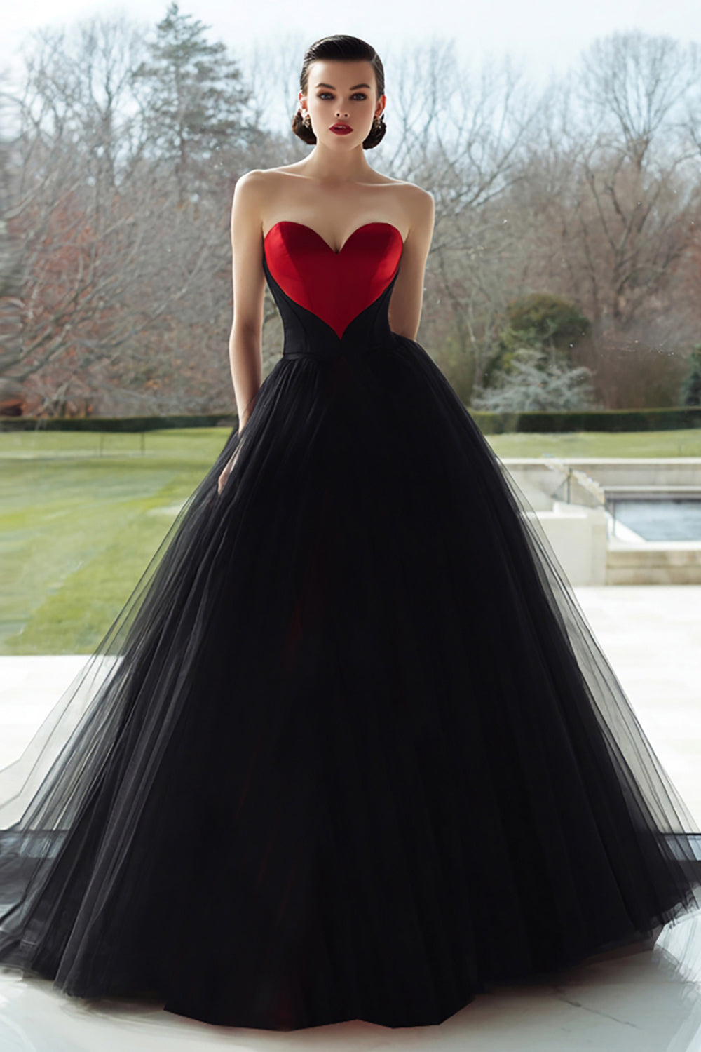 Leely Women Black and Red Long Tulle Formal Dress Sweetheart A Line Military Ball Dress