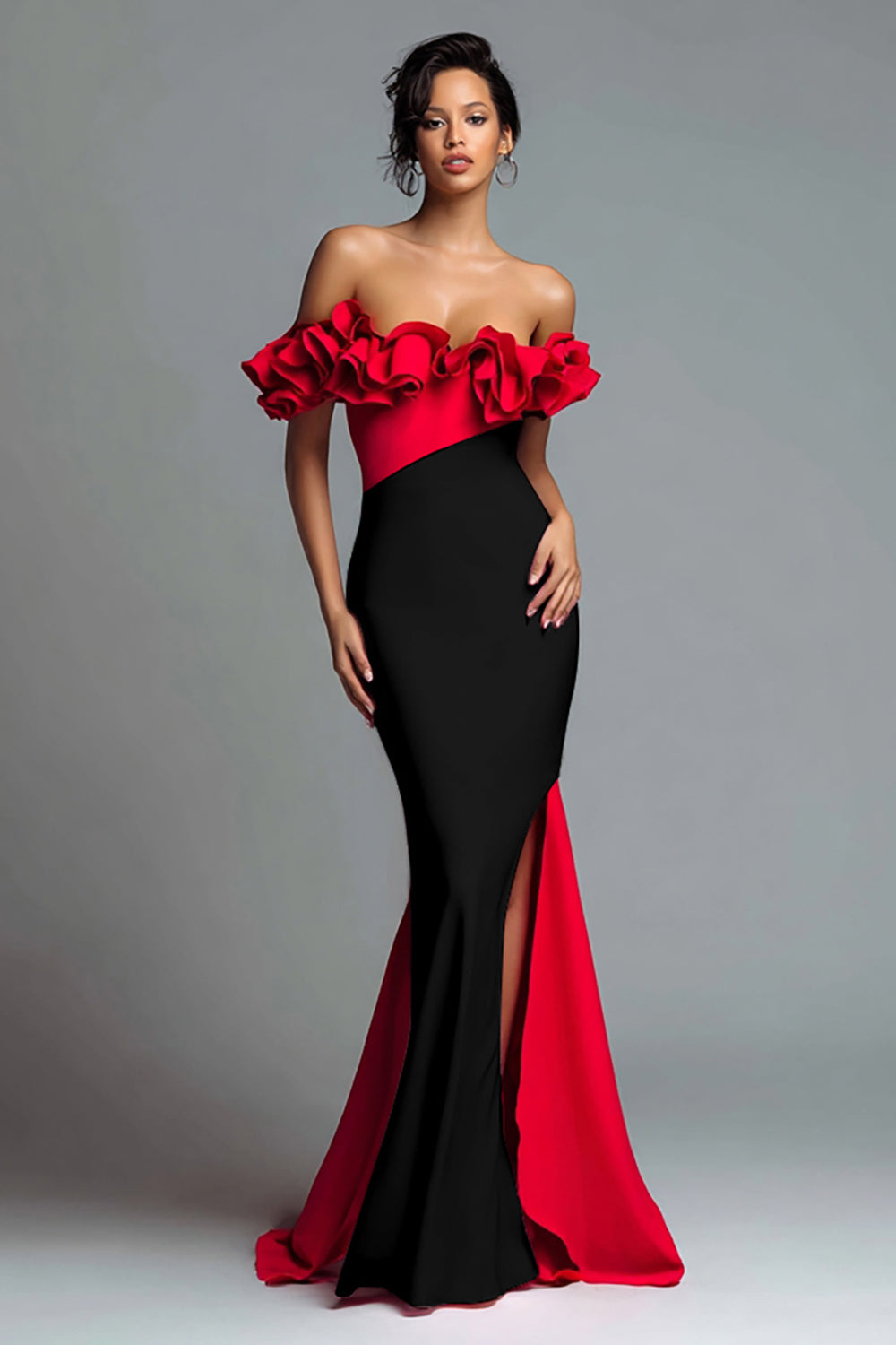 Leely Women Black and Red Satin Maxi Ruffled Formal Dress with Slit Mermaid Off the Shoulder Patchwork Evening Dress