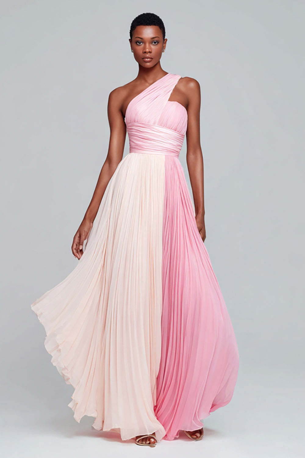 Leely Women Pink Patchwork Chiffon Long Formal Dress with Pleats One Shoulder A Line Party Dress