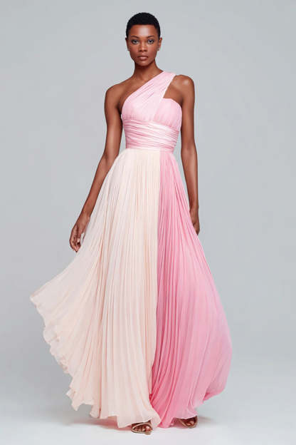 Leely Women Pink Patchwork Chiffon Long Formal Dress with Pleats One Shoulder A Line Party Dress