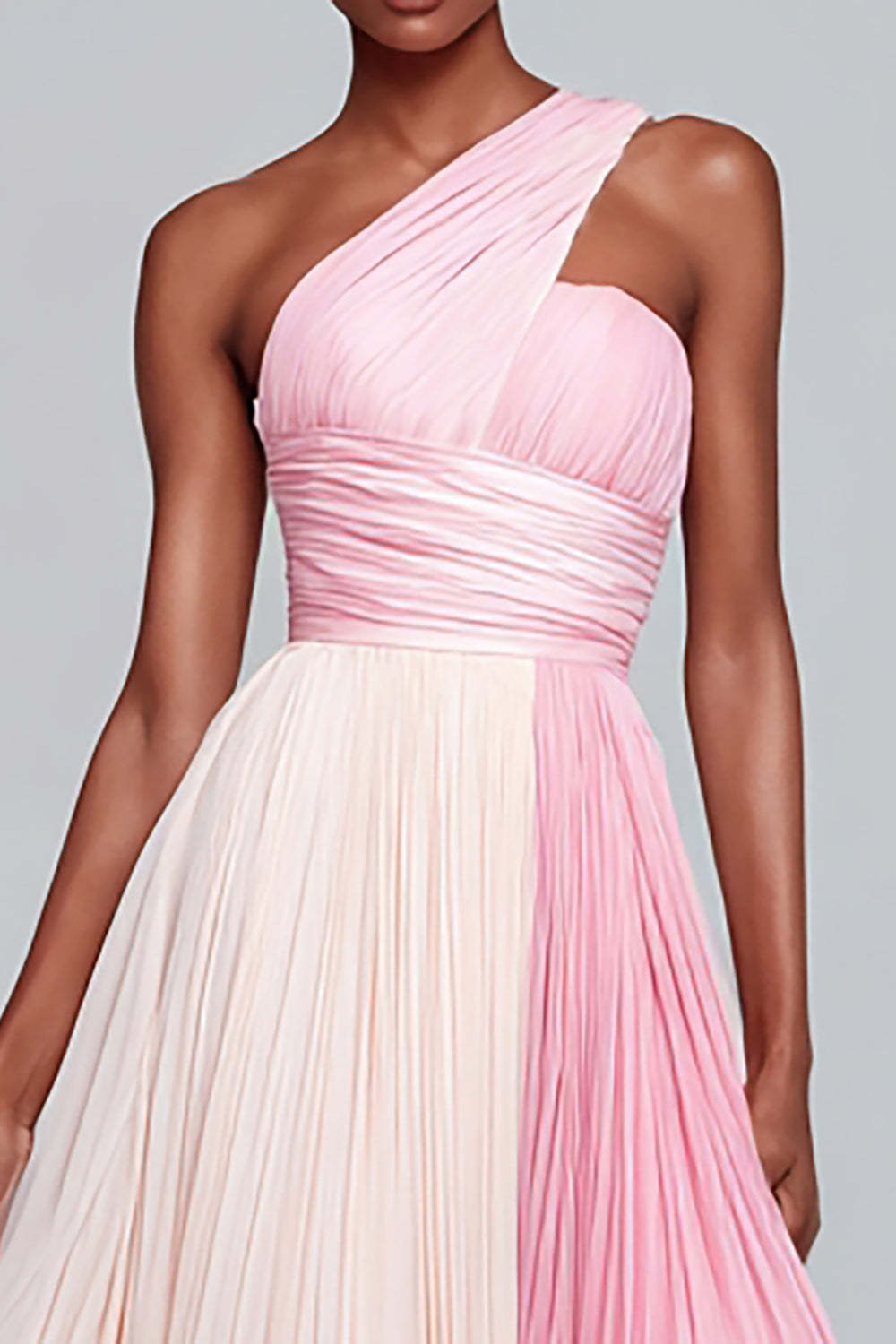 Pink One Shoulder A Line Long Chiffon Formal Dress with Pleats