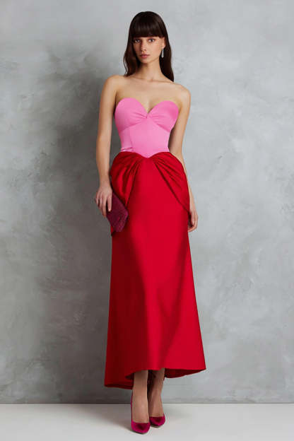 Leely Women Simple Red and Fuchsia Long Satin Formal Dress Sweetheart Sheath Party Dress