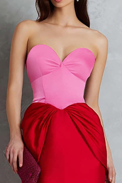 Red and Fuchsia Satin Sheath Sweetheart Long Formal Dress