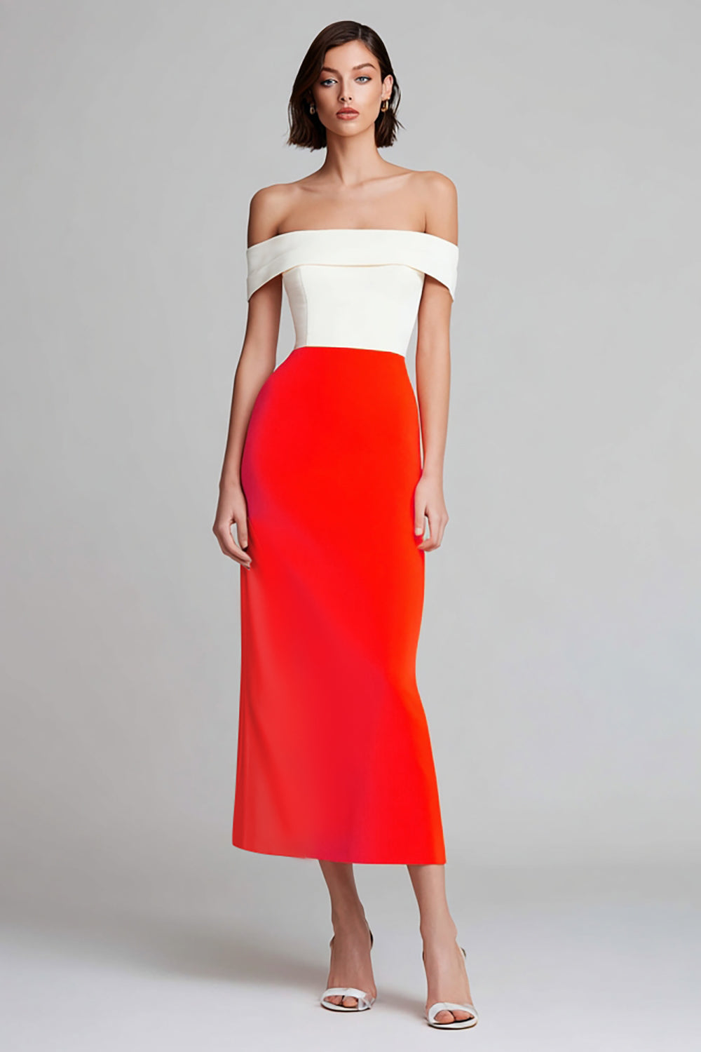 Simple Ivory and Orange Sheath Off the Shoulder Long Formal Dress
