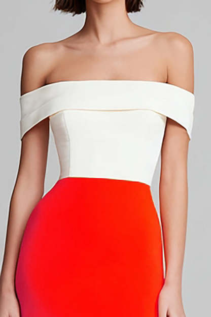Simple Ivory and Orange Sheath Off the Shoulder Long Formal Dress